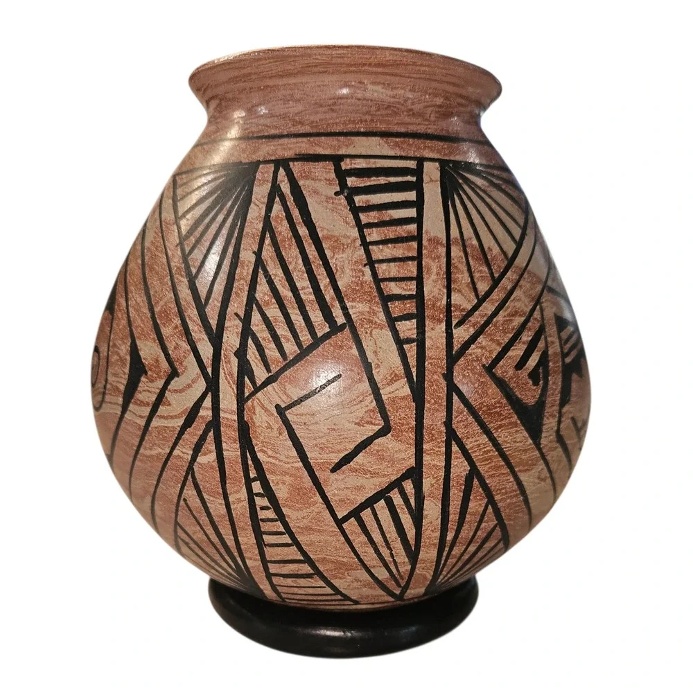Handmade Marbled Terracotta Pottery Vase Southwest Geometric Design with Stand